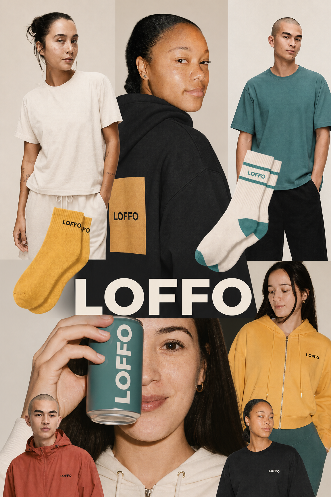 Collage of people wearing LOFFO brand clothing and products.